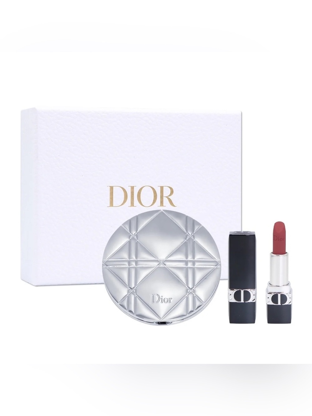 Dior Beauty Gift Set: Silver Cannage Quilted Compact Mirror & Lipstick #720